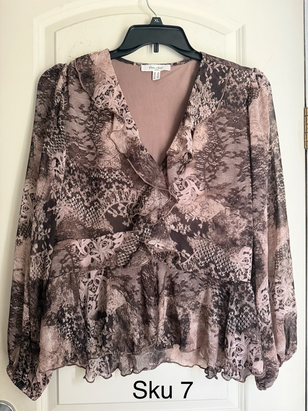 Haven & Blair‎ Ruffled V-Neck Long Sleeve Blouse Dusty Pink Brown Print 1x boho